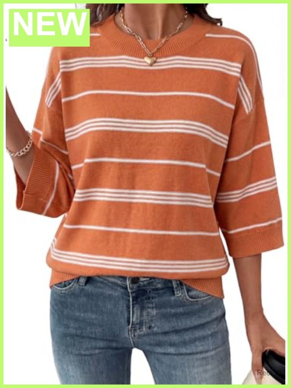Oversized 3/4 Sleeve Striped Lightweight Knit Sweater Crewneck Pullover